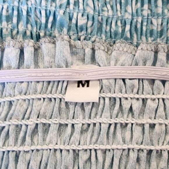 Ditsy Print Smocked Dress | Medium | Light Blue Ruffle Tie Straps Tiered Skirt - Picture 7 of 7